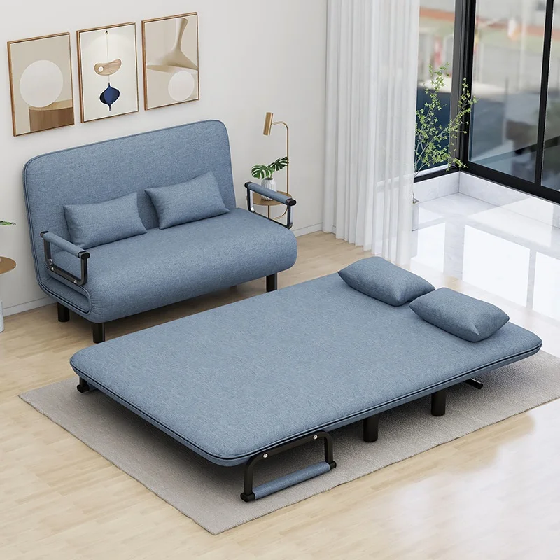 

#Blue Linen Fabric 2 Seater Foldable Sofa Bed Convertible Sleeper with Metal Armrests & Pillows Modern Small Space Living Room