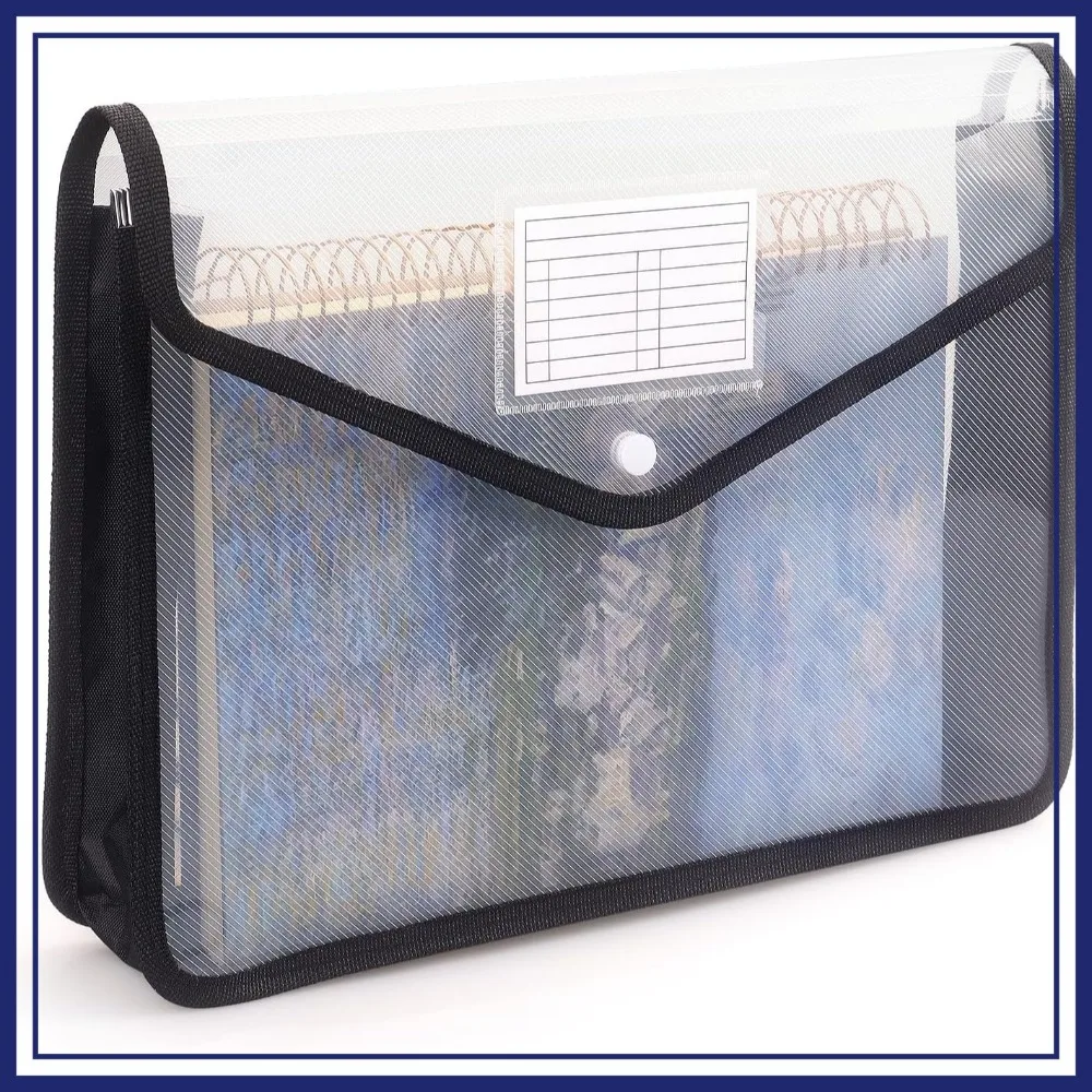 

Large Capacity Plastic Expanding File Folder, Transparent Snap Closure Envelopes, Fit Letter/A4, Black