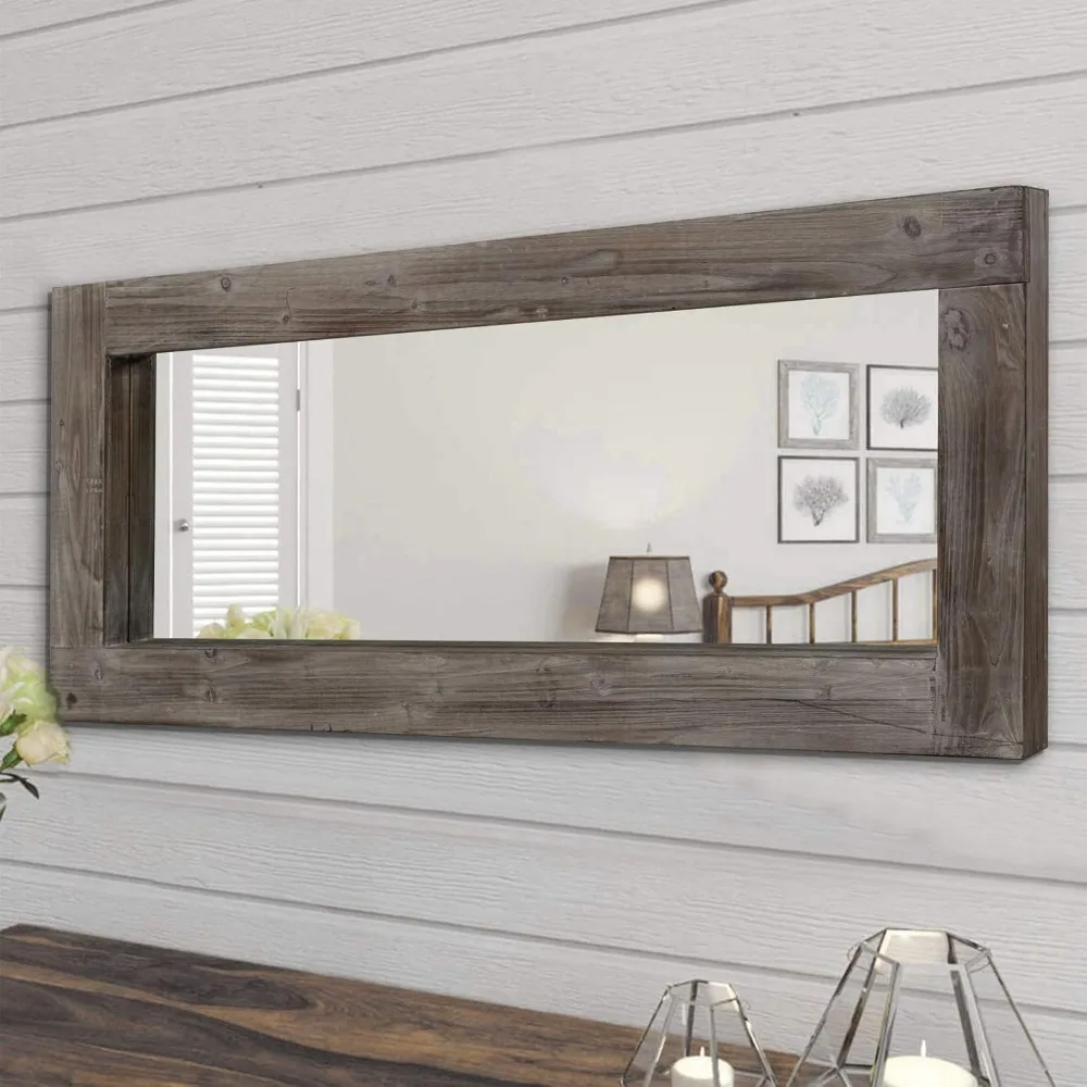 Full Length Dressing Mirror Wood Floor Mirror Solid Wood Frame Mirror with Standing Holder Wooden Frame Vertical and Horizontal