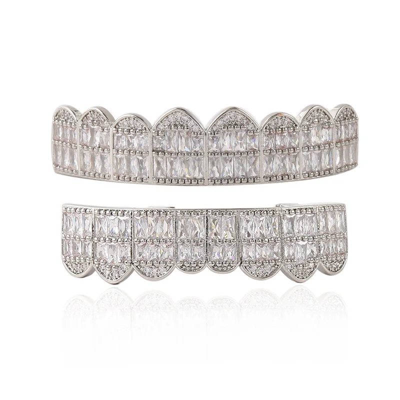 Hip Hop Full CZ Stones Long Teeth Grillz Caps Cubic Zircon Iced Out Micro Pave Top&Bottom Charm Grills For Men Women Jewelry