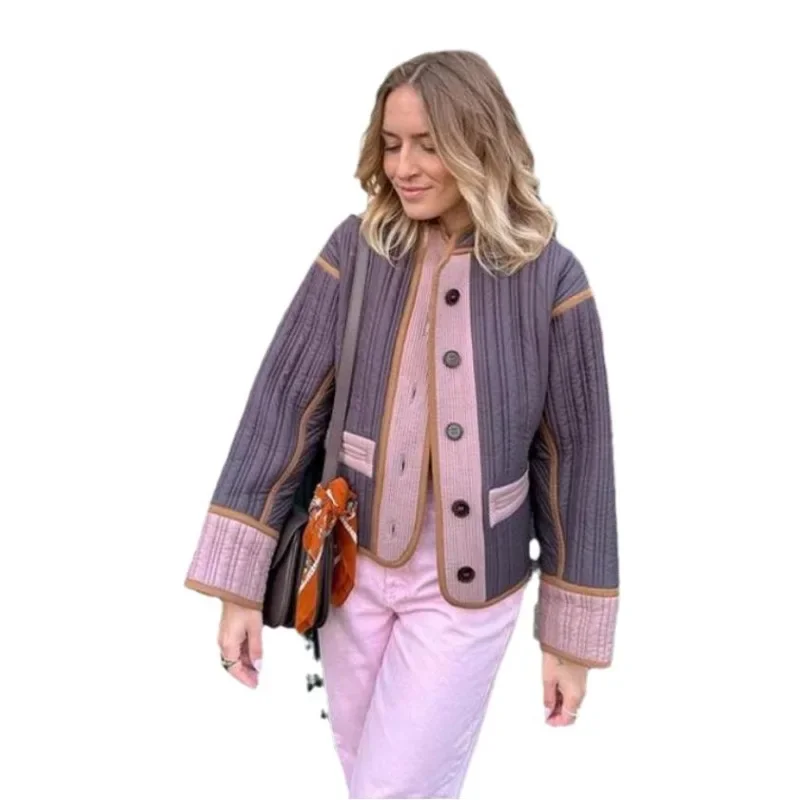 Chaqueta térmica con cuello redondo para mujer, abrigos cálidos acolchados de retazos de un solo pecho, contraste de moda con bolsillo, prendas de vestir informales para mujer, otoño