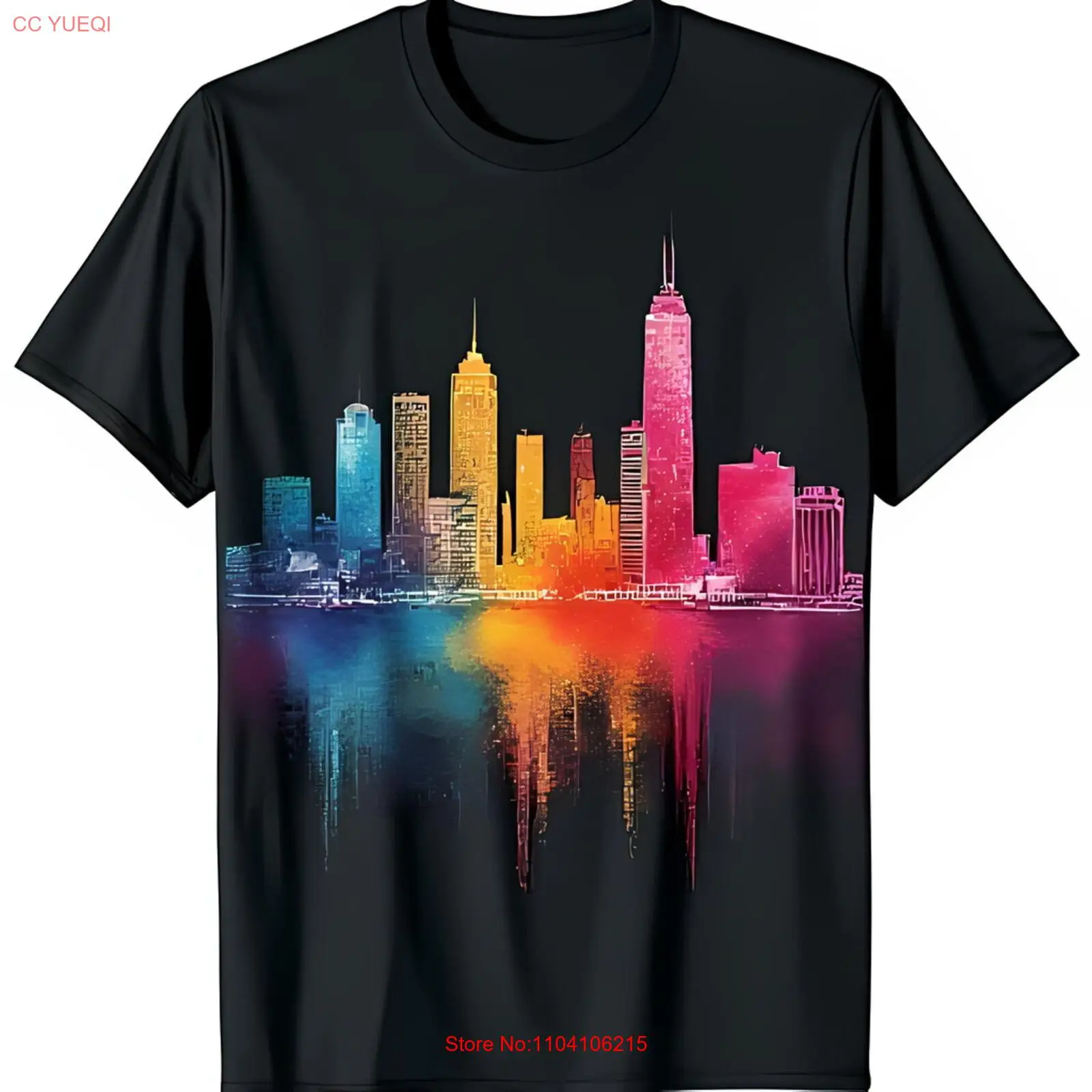 

Vibrant Cityscape Graphic Black T-Shirt with Watercolor Design
