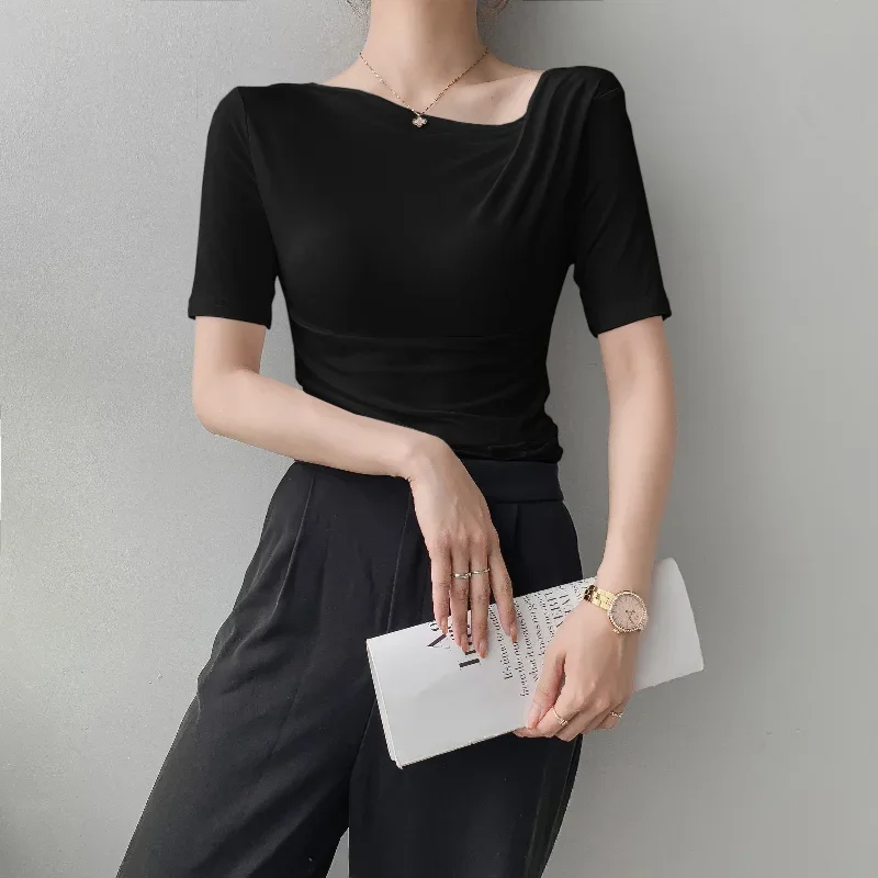 Women Basic Cotton Short Sleeve Slim Elastic T-shirts New Fashion Skew Collar Folds Tops Ladies Elegant Summer Sexy Tee Shirt
