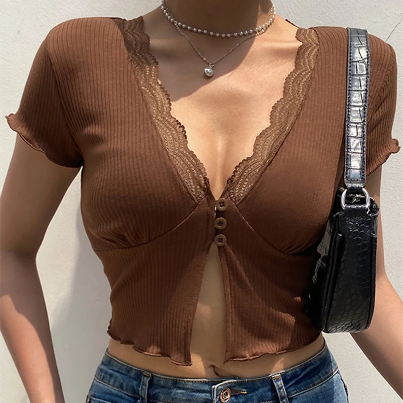 Y2K Lace Patchwork Women T Shirt Korean Sexy Streetwear V-neck Crop Tops Female Summer Casual Short Sleeve Chic Tees New