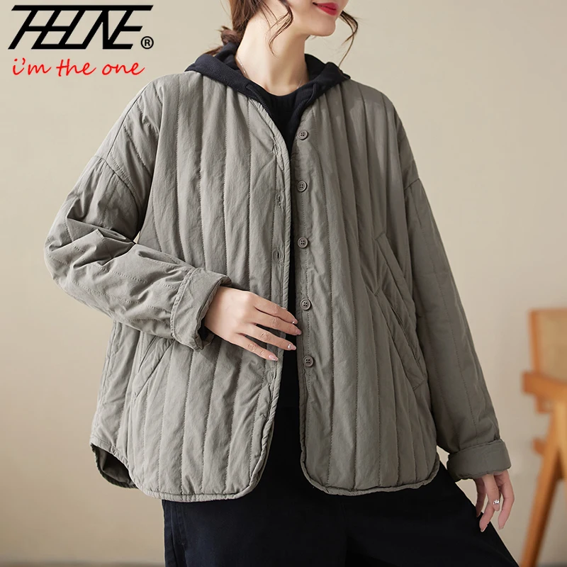 THHONE Autumn Winter New 2024 Jacket Women Coat Parkas Padded Vintage Korean Style Loose Solid Warm Casual V-neck Top Outerwear