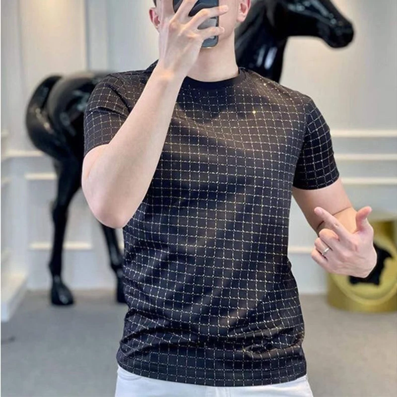 Fashion O-Neck Korean Printed Plaid Short Sleeve T-Shirts Men Clothing 2024 Summer New Loose All-match Tops Casual Tee Shirt