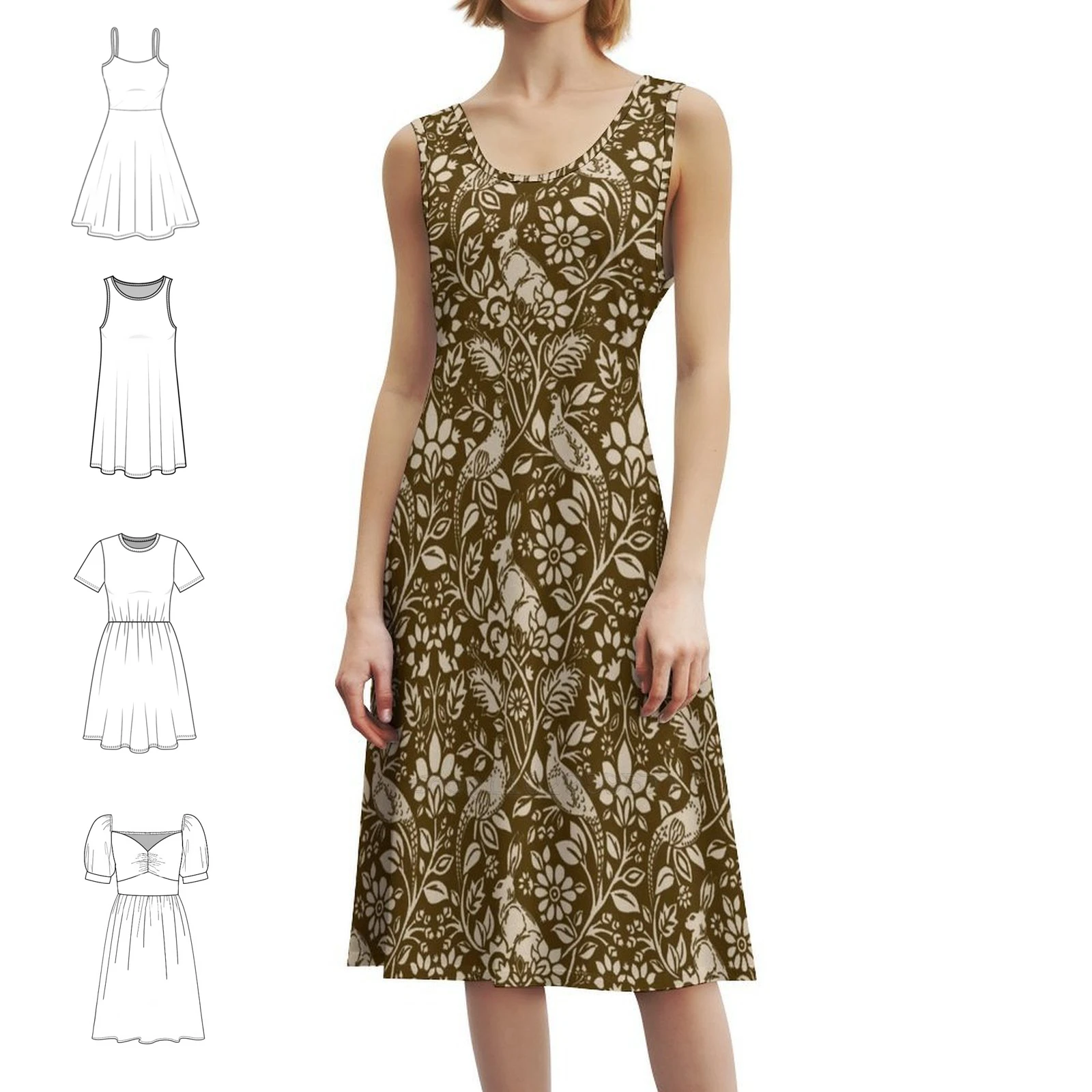 فستان عطلة مثير بنمط الدراج والأرنب باللونين البني والبيج للنساء لحفلات الشاطئ وأعياد الميلاد فستان قصير من William Morris Art