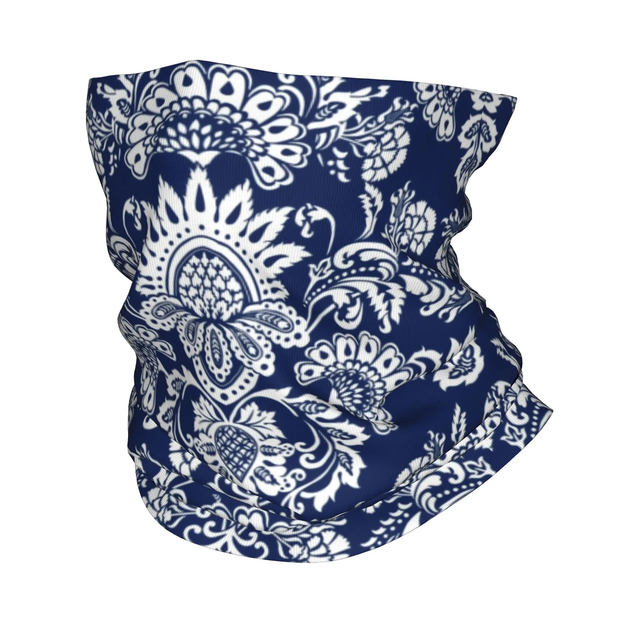 Custom White and Blue Damask Bandana Neck Gaiter for Ski Running Men Wrap Scarf Bohemian Floral Paisley Style Balaclava Warmer