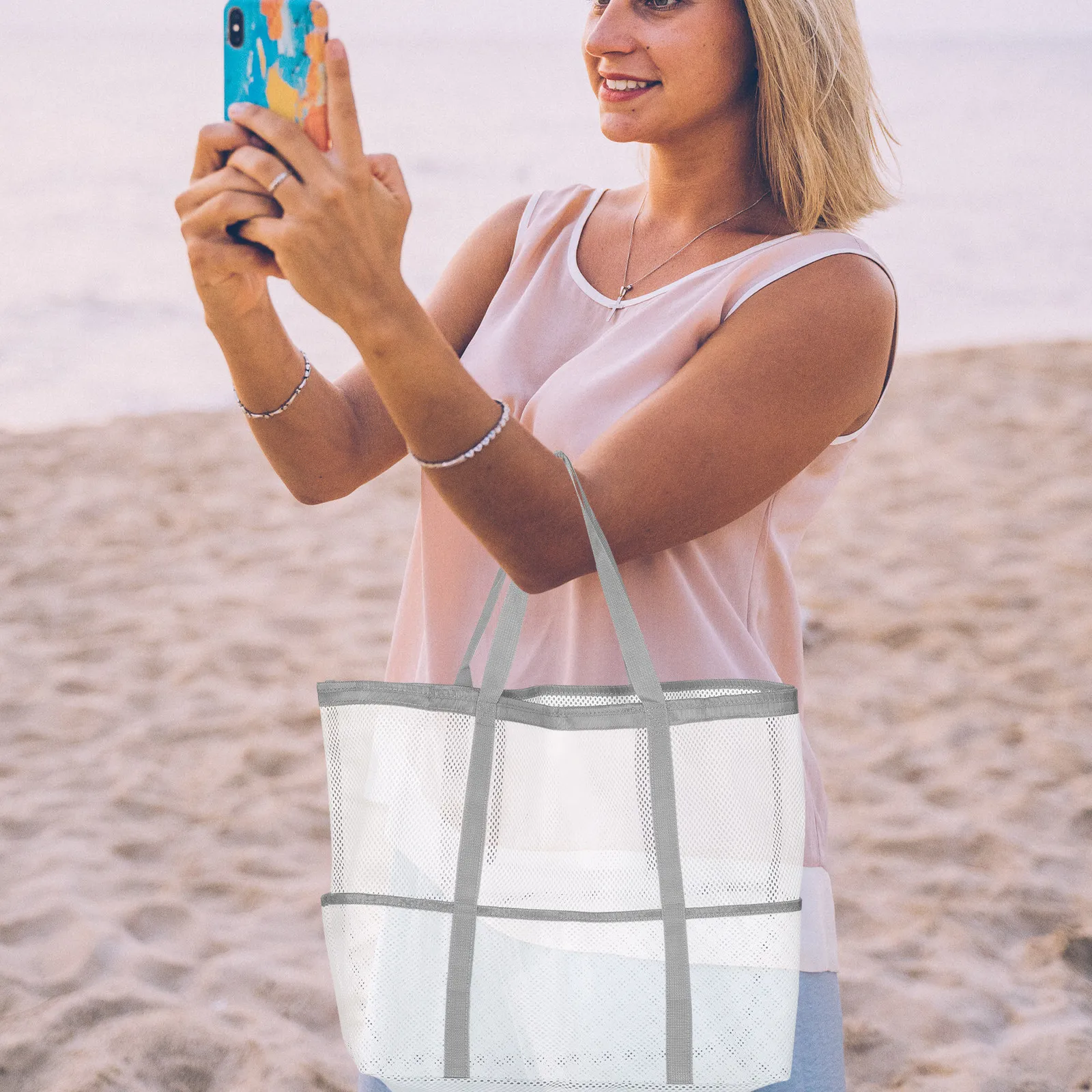 

Mesh Large Beach Bag Lightweight Portable Tote Bag Durable with Handle Zipper Pocket for Swim Sand Storage Outdoor