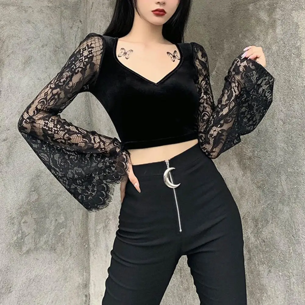 Vintage Gothic Velvet Lace Tops Harajuku Sexy See Through Long Sleeve Crop Top Women Autumn Elegant Basic Tops ropa mujer