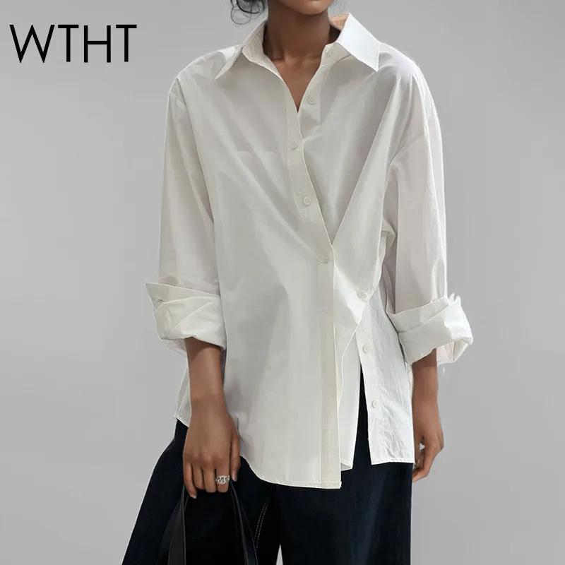 

WTHT новая модная женская однобортная однотонная рубашка нестандартной формы, весенняя мода 202, блузка с длинными рукавами и лацканами, женская 1LS796