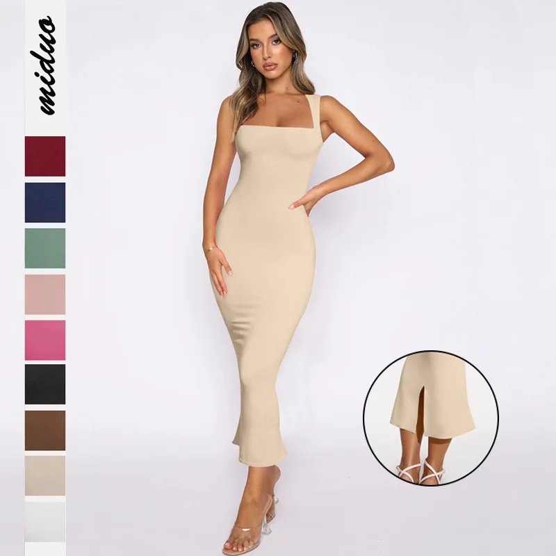 

Summer Square Neck Bodice Dress Sleeveless Tank Top Dresses Casual Stretch Bodycon Party Club Midi Women Evening Dresses