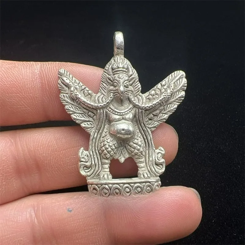 Nepalese Tibetan Garuda Pendant, White Copper Tibetan Silver, Handmade Amulet Necklace