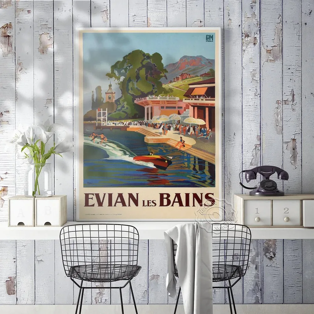 World Travel Print Poster France Evian Les Bains Art Prints Lake Geneva Shoreside Scenery Canvas Painting Vintage Home Decor