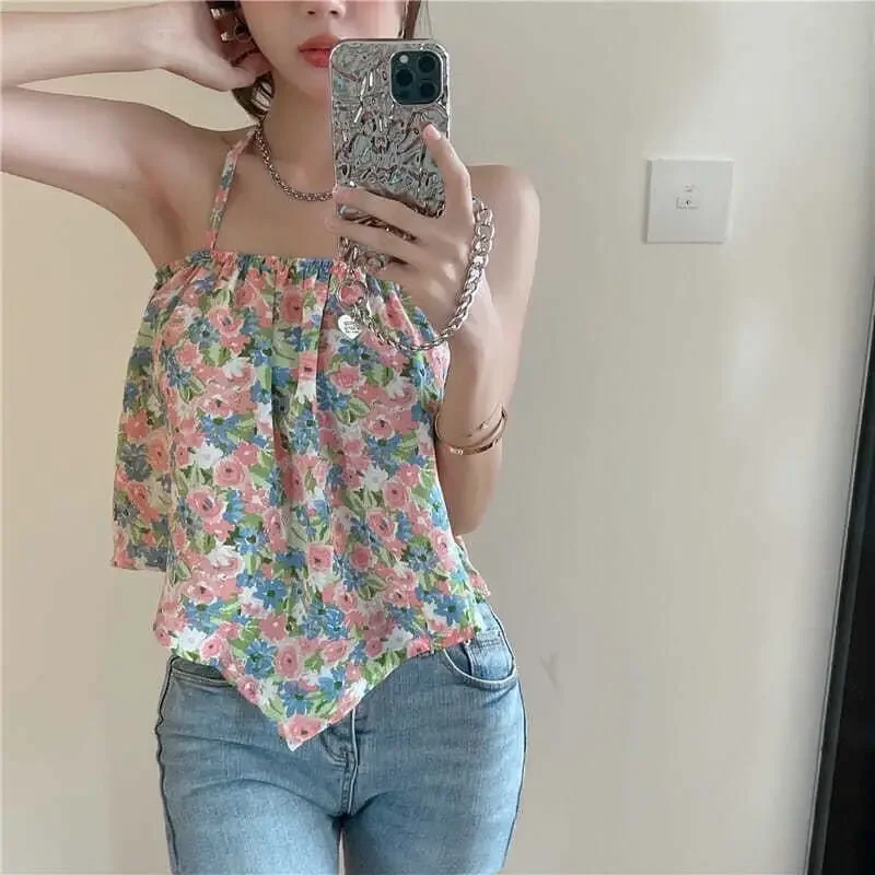 

Summer Sexy Floral Multicolor Sling Sleeveless Camis Women Clothing Lolita Sweet Irregular Lacing Slim Thin Camisole All-match