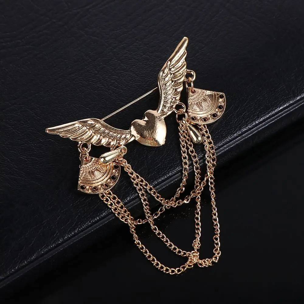 Trendy Men\'s Suit Angle Wing Heart-Shaped Chain Long Tassel Jewelry Fashion Accessories Brooch Pins Brooches