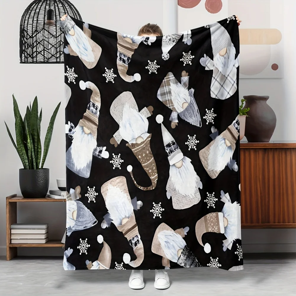 Black Background Winter Gnome Snowflake Print Throw Blanket Plaid Texture Faceless Dwarf Element Soft Warm Lightweight Decor