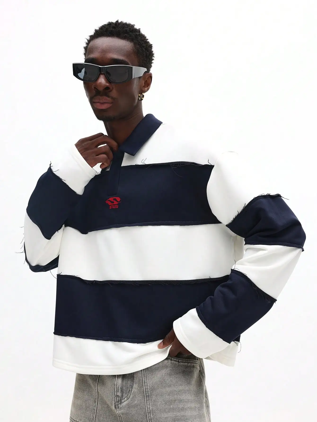 

Men's Regular Fit Color Block Rugby Polo Shirt with Distressed Edges Long Sleeve Casual Top