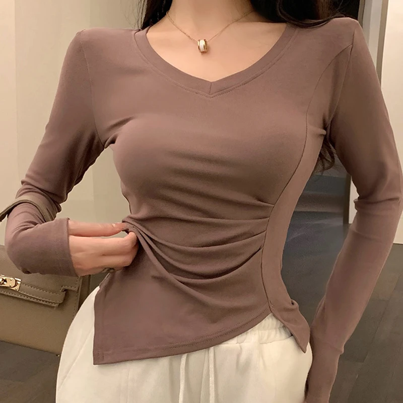 Solid Long Sleeve T Shirt For Women T-Shirts 2023 Autumn V-Neck Slim Bottoming Tee Shirt Femme Korean Fashion Folds Crop Tops
