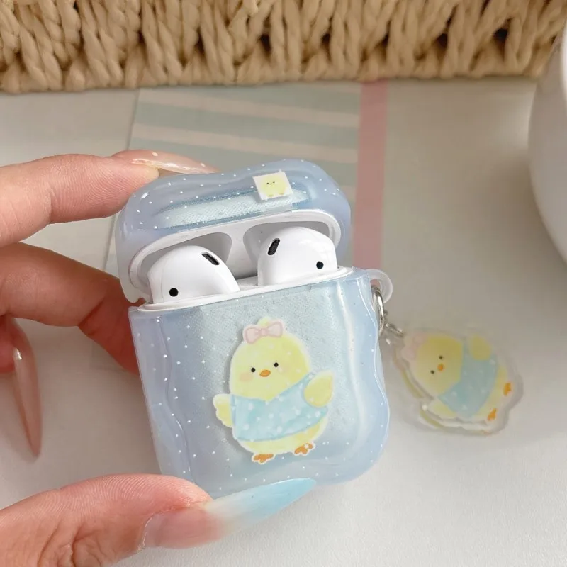 Kawaii Yellow Chick Wavy Edge For AirPods Case with Matching Charm, Polka Dot Cover for AirPods 4 3 2 1 Pro Pro 2 Pro 3