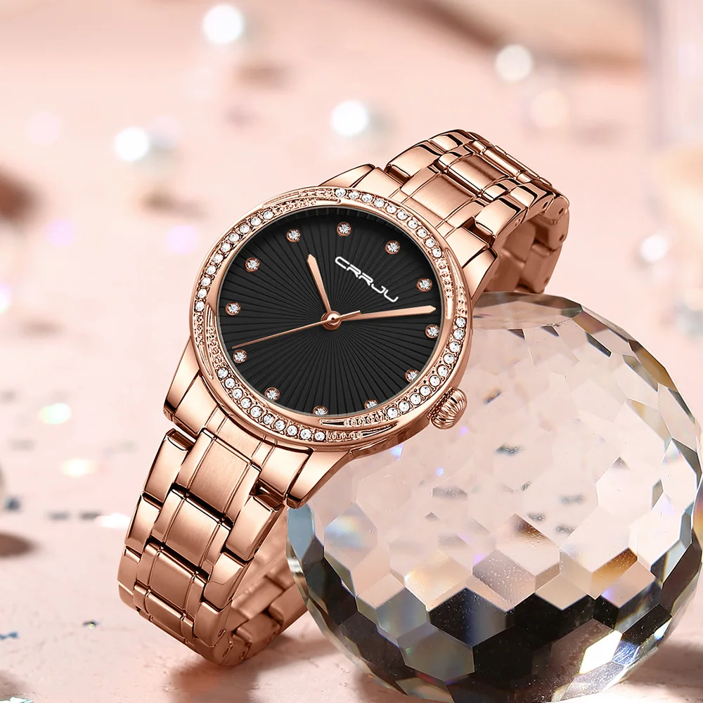 Reloj de mujer CRRJU, diseño moderno y sencillo, con movimiento de cuarzo, resistente al agua y adornado con pedrería, ideal para vestir y llevar en la muñeca. Reloj femenino.