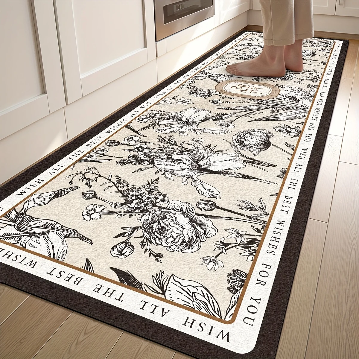 

VIKAMA Vintage Floral Pattern Kitchen Mat Polyester Non-Slip Washable Runner Rug Bathroom Absorbent Mat Home Decor