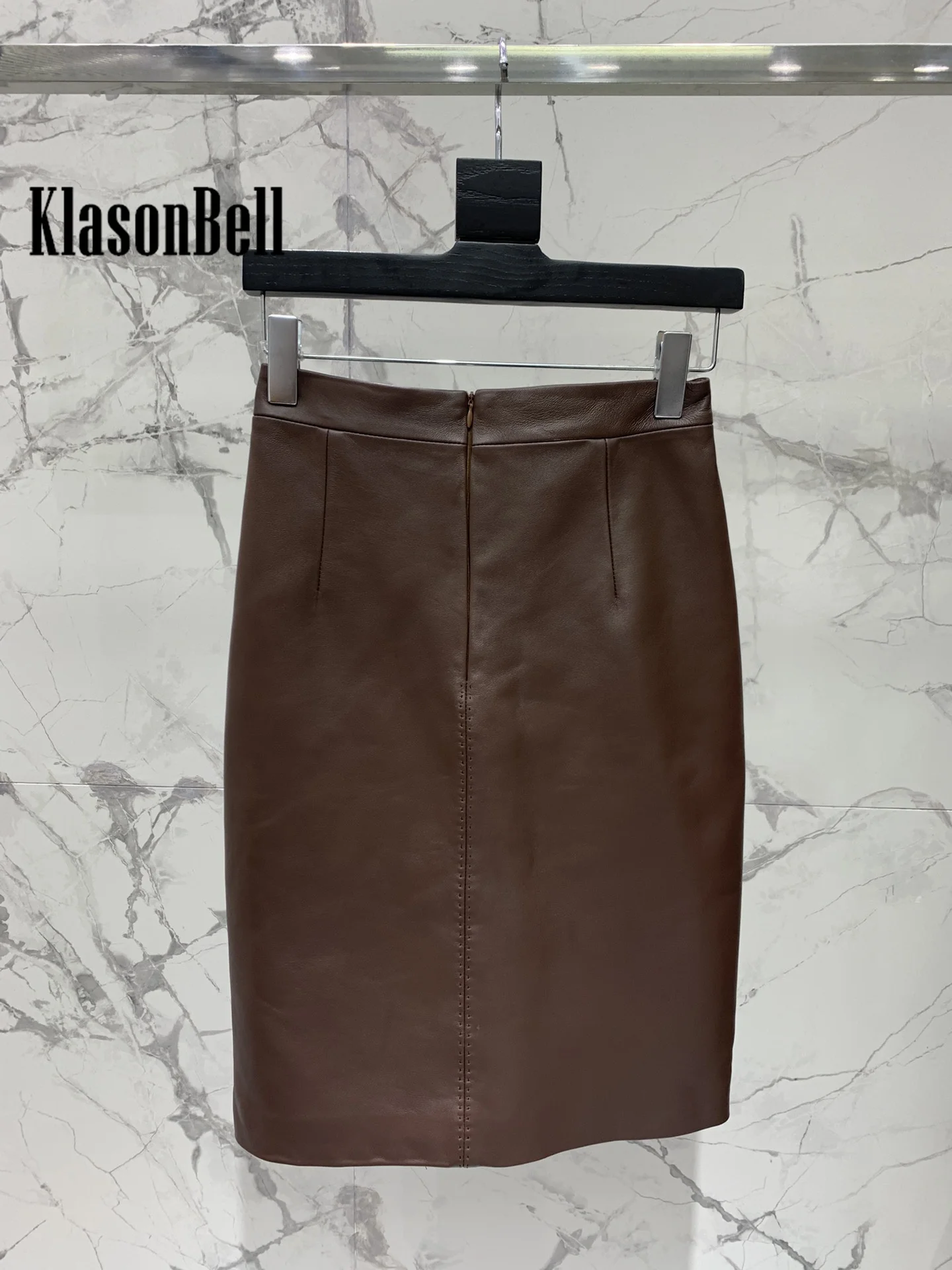 8.5 KlasonBell Women\'s High Quality Sheepskin Package Hip Skirt High Waist Side Pocket Front Split Genuine Leather Skirt