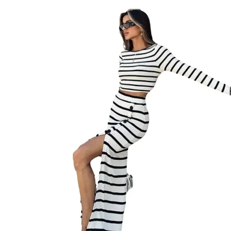 Women's Black and White Striped Long Sleeve Short Top and Waist Loose Button Dress Suit, 2-Piece Set, Classic Autumn