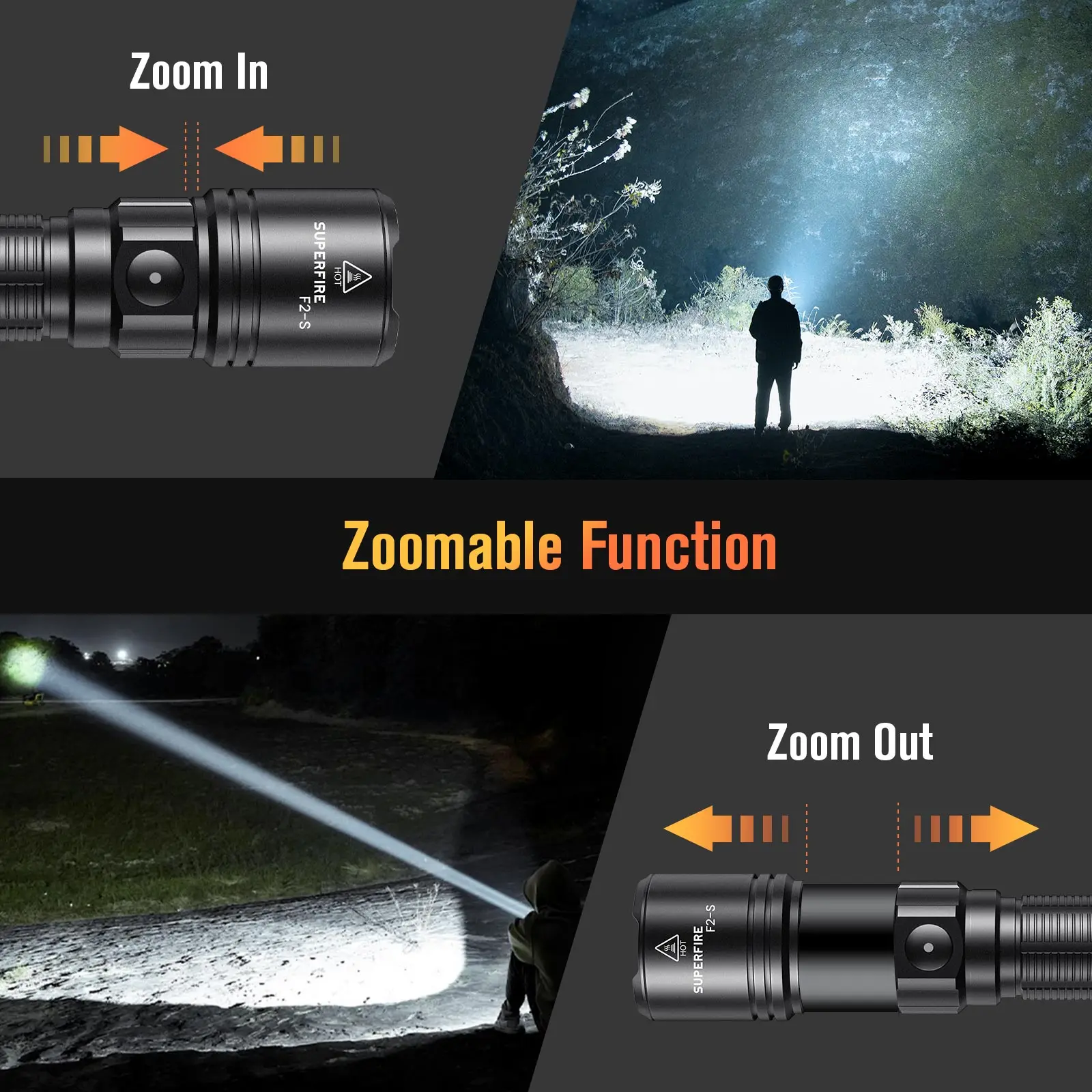 New SUPERFIRE F2-S 15W LED Rechargeable Flashlight with Zoom Portable Handheld Flashlights For Camping Outdoor Emergency Lantern