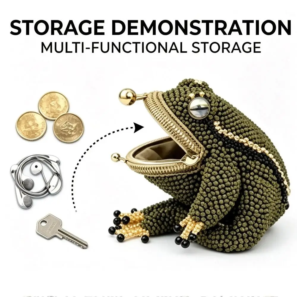 Image of Geschenke: Mini-Charm-Frosch-Geldbörse im 3D-Cartoon-Stil mit Kussverschluss, Schlüsselanhänger, Geldbörse, Perlen-Taschenzubehör für Studenten