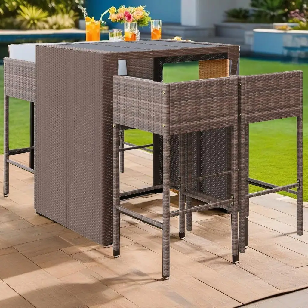 5-Piece Brown Poly Rattan Patio Bar Set with Cushions for Outdoor Dining