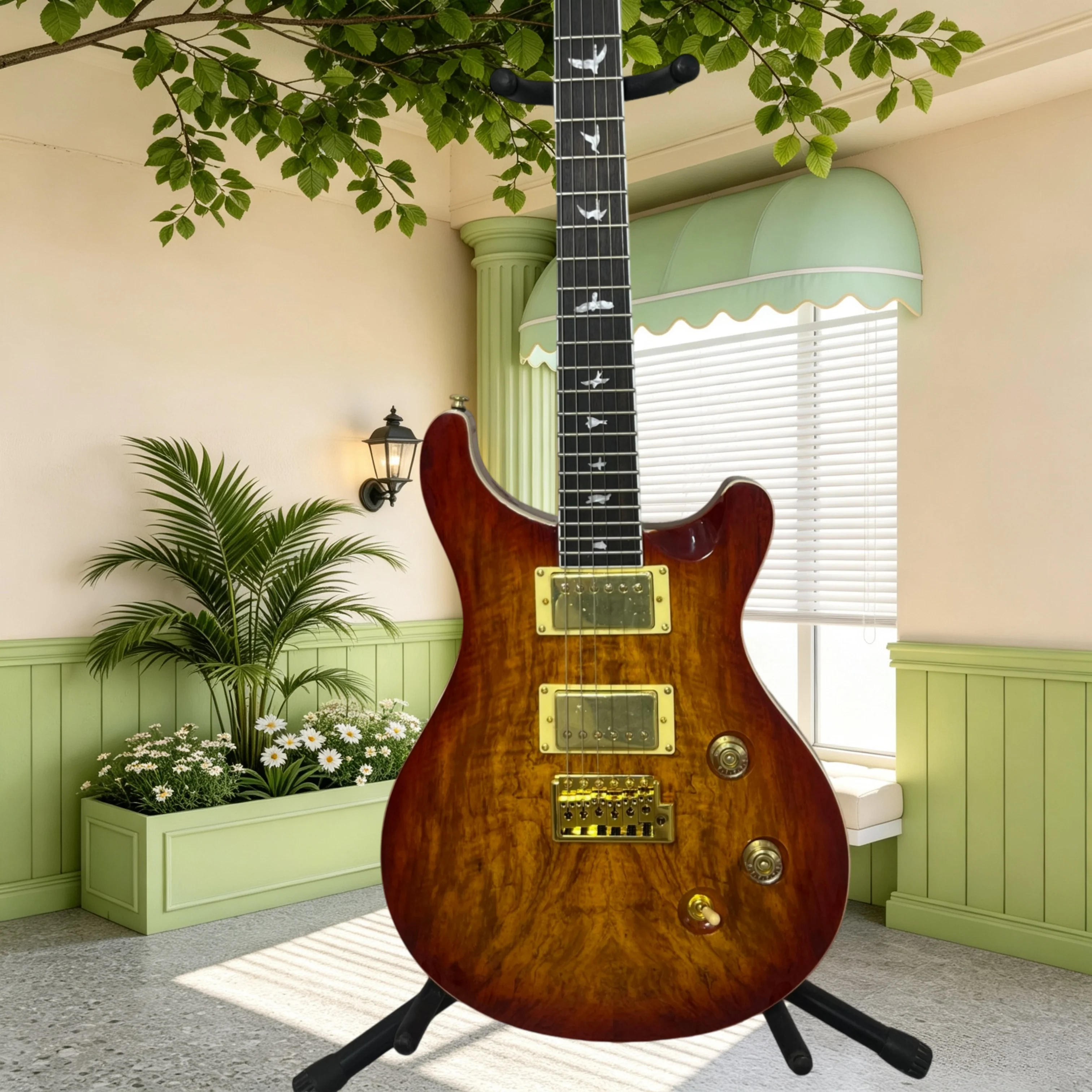 Electric Guitar PRS Burl Maple Top Mahogany Body Amber Sunburst Gloss Finish Bird Abalone Inlay HH Pickups Hot Sale Beginner