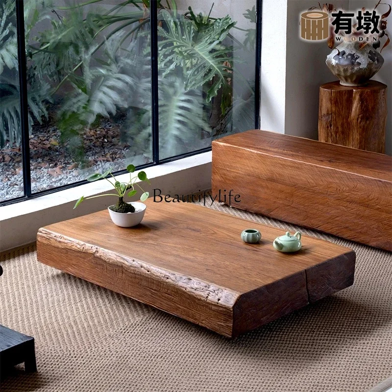 yj7 Solid wood coffee table Japanese-style wabi-sabi wind wooden pier medieval old teak color short table