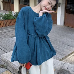 Gidyq Autumn Women Corduroy T Shirts Korean Fashion Streetwear Lantern Long Sleeve Tops Y2K Female Folds All Match Tees New