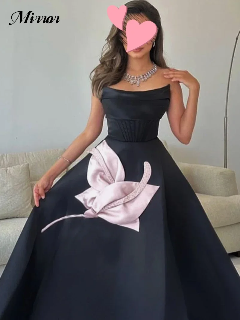 

Mirror Dress Elegant Vintage Black Pink Beaded Ruffle Strapless Customized Formal Occasion Prom Dress Evening Party Gowns