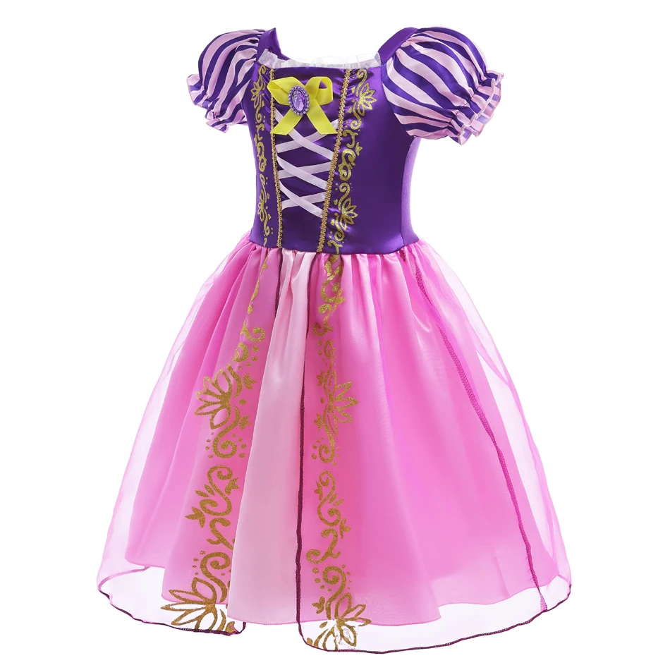 Girls Purple Pink Princess Dress Puff Sleeve Square Neck Ball Gown with Gold Embroidery Kids Cosplay Costume for Carnival Cos
