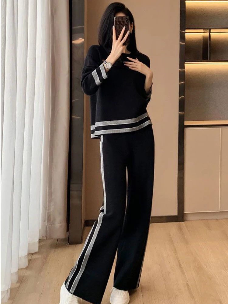 Loose Casual Striped Tracksuit Long Sleeved Sweatshirts Tops Conjunto High Elastic Waist Wide Leg Pants Suit Women Korean Sets