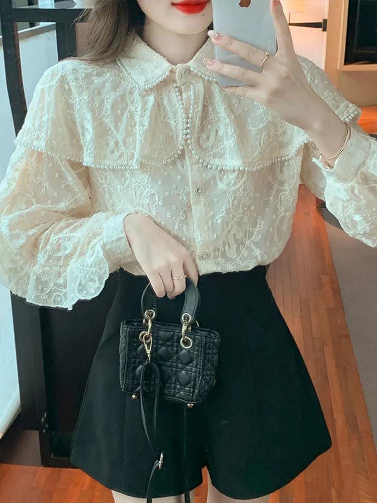 Chiffon Blouses Long Sleeve Beading Women Tops Casual lace Office Lady Women Clothing5