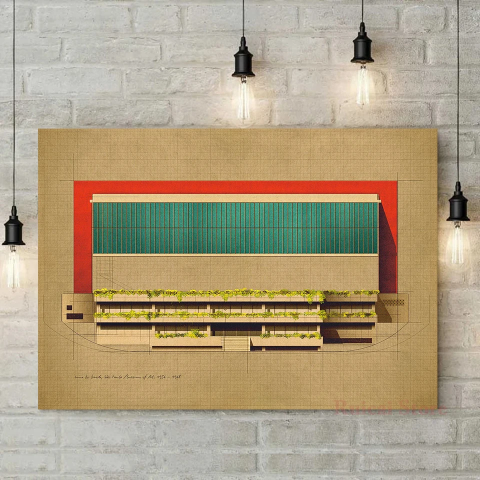 Lina Bo Bardi, Museo de Arte de São Paulo, 1956–1968, Arte Mural, Dibujo de Edificio Vintage, Pintura en Lienzo, Decoración de Casa para Arquitectos