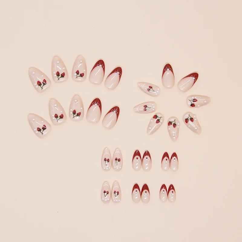 24 قطعة لؤلؤ الكرز متوسط قصير أكريليك اضغط على الأظافر اللوز مسمار نصائح الجمالية الأظافر وهمية جاهزة الأظافر الاصطناعية لصقها