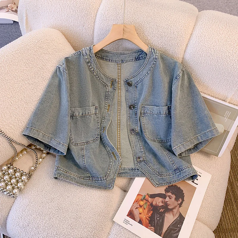 

Short Sleeved Denim Jacket Women's Thin Shawl with Skirt Casual Top Coat