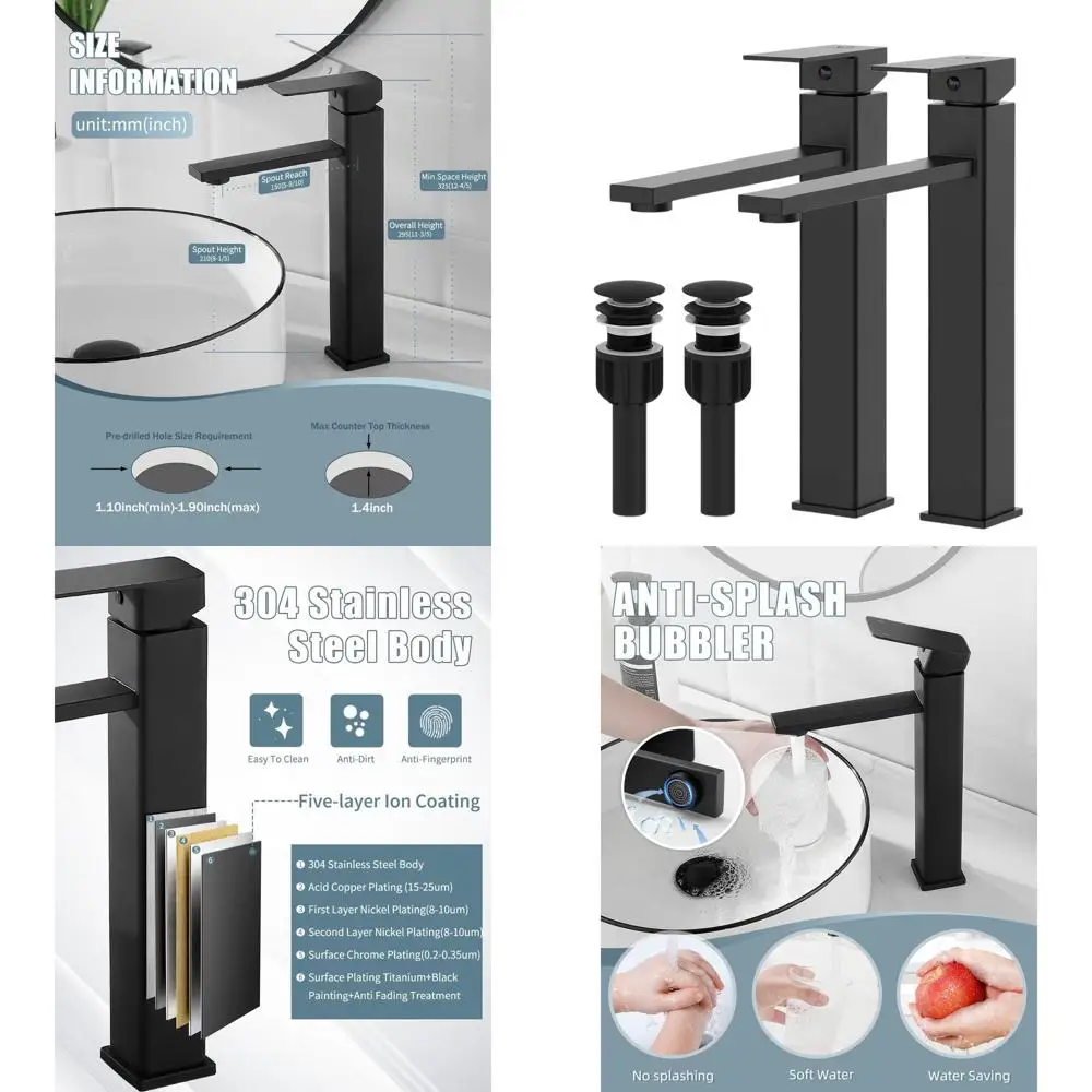 

2-Piece Matte Black Bathroom Faucet Set with Pop-Up Drain, High Barrel Vessel Sink Faucet, and Single Handle RV Faucet