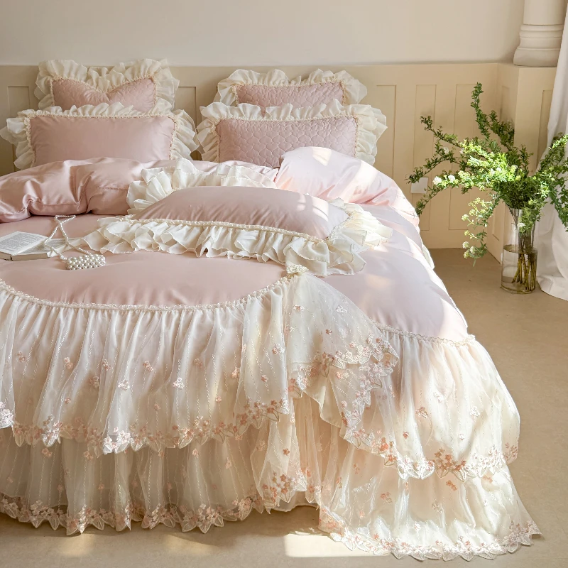 Master Bedroom Princess Style Cotton Bed Cover Four Piece Set French Romantic Lace Duvet Cover Thickened Cotton Bed Sheet