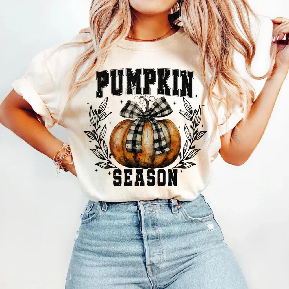 Pumpkin Season Coquette Bow Pattern T-Shirt for Women\'s Clothing Printed Loose Plus Size T-Shirt for Women\'s Casual Basic T-Shir