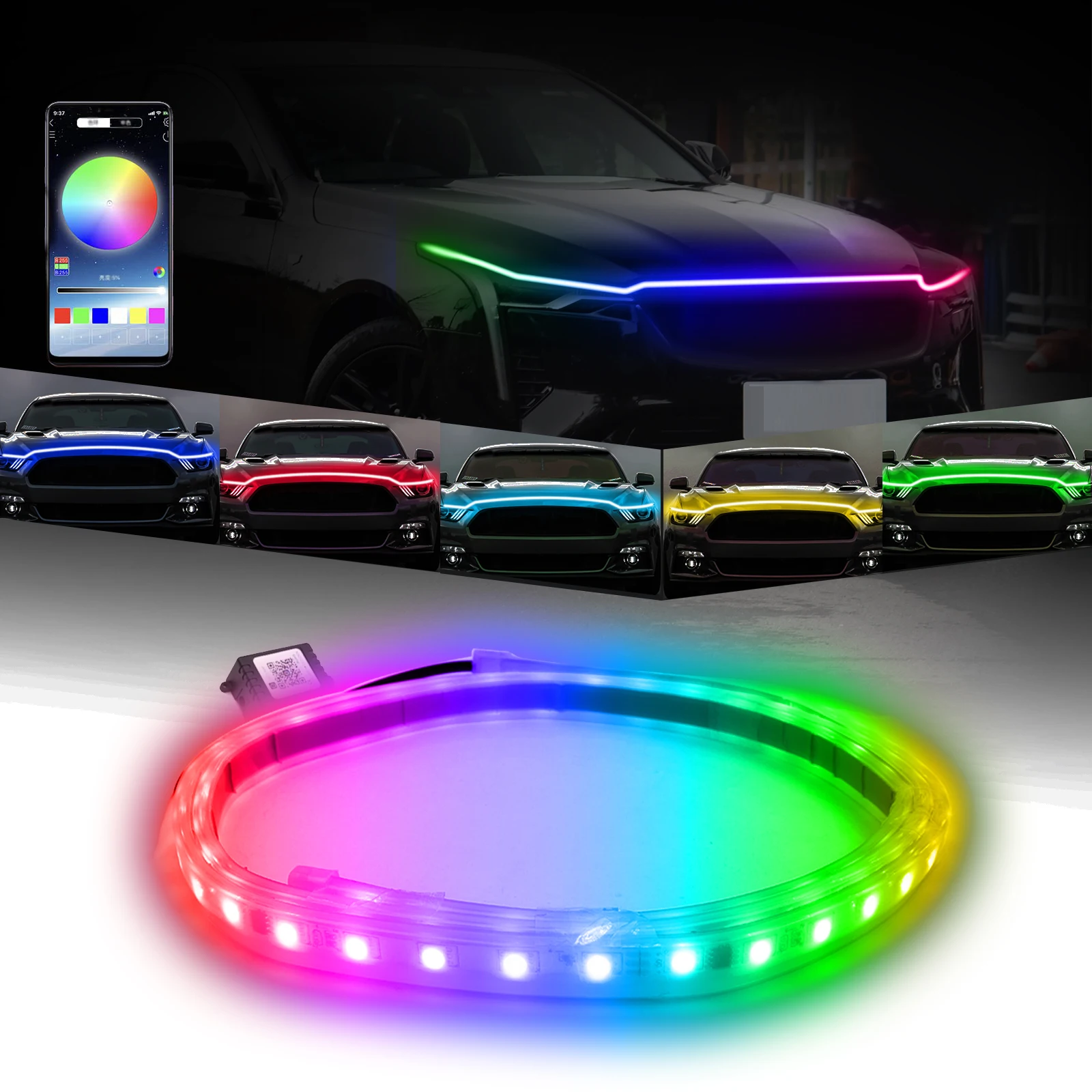 Car Hood LED Strip,RGB Multicolor  Engine Cover Daytime Running Atmospere Light with App Control for Car,SUV.DC12V.