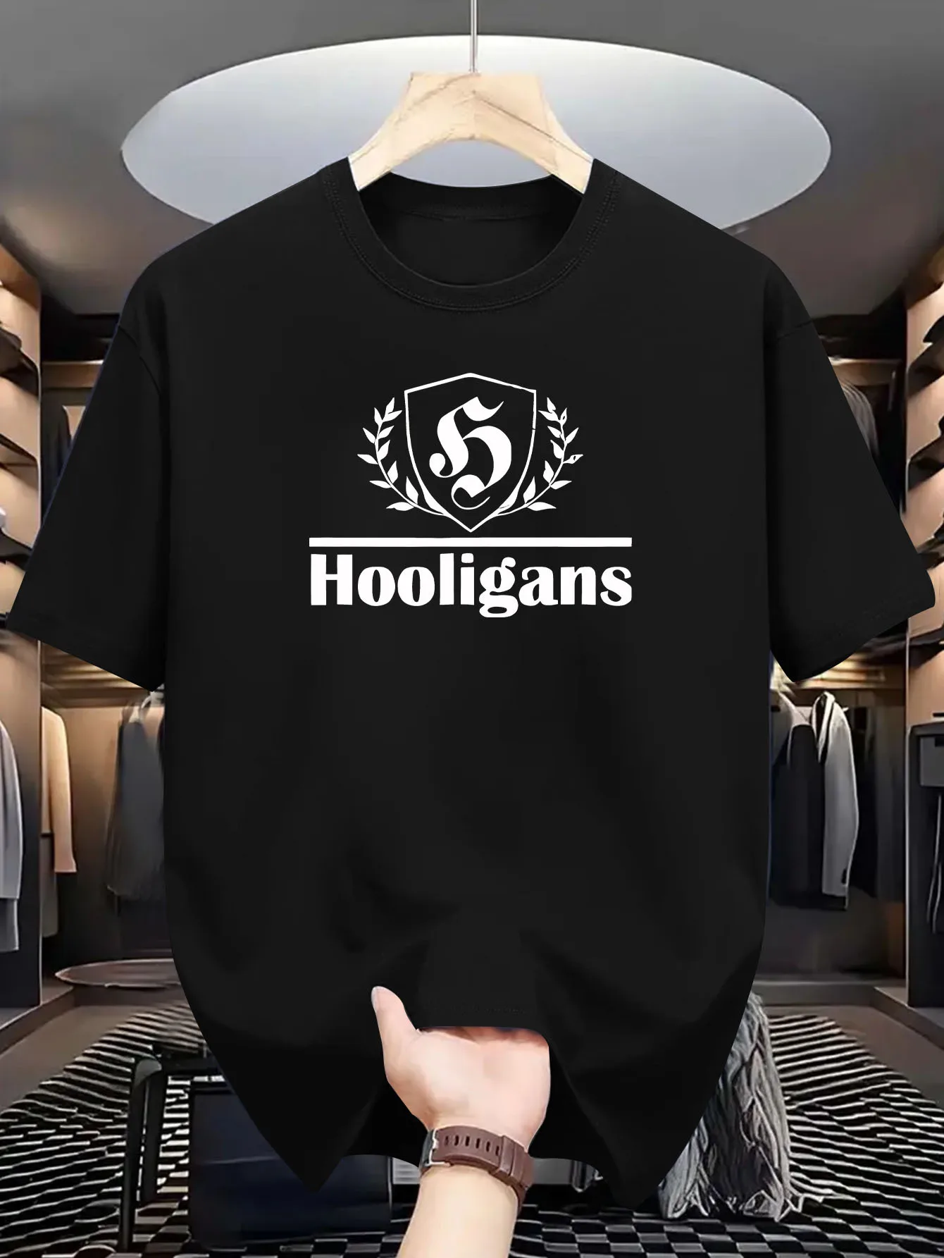 

Men'S Hooligans Graphic Tee - Black Casual Sports T-Shirt with Shield Logo, Short Sleeves, Summer Outdoor Training