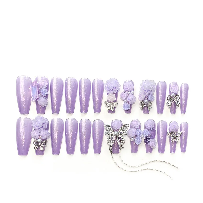 24pcs Heavy Metal False Nails Shiny Crystal Butterfly Purple Flowers Design Fake Nail Patch Long Ballet Coffin Press on Nails