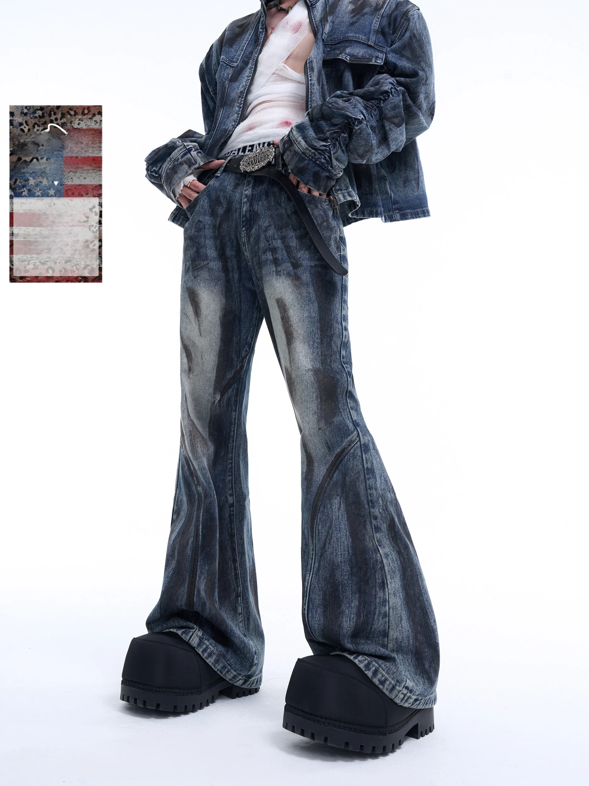 

StarTexceedend American High Street Worn Washed Micro Flared Jeans Men Autumn Deconstructed Design Cotton Low Waist Zipper