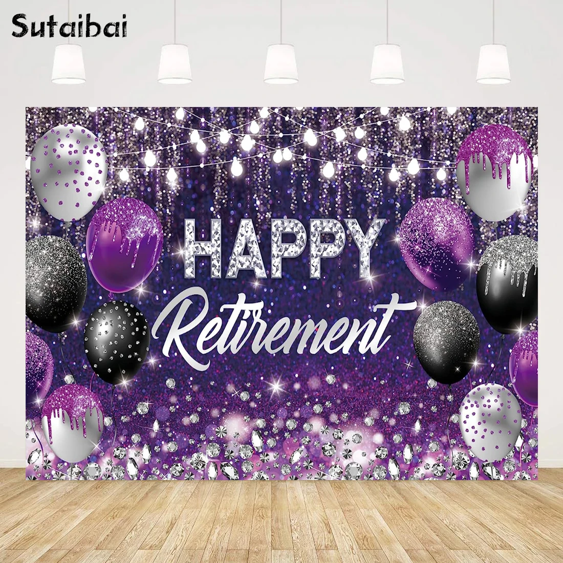 

Happy Retirement Party Backdrop Purple and Silver Congrats Retire Party Supplies Banner Glitter Balloons Cake Table Decorations