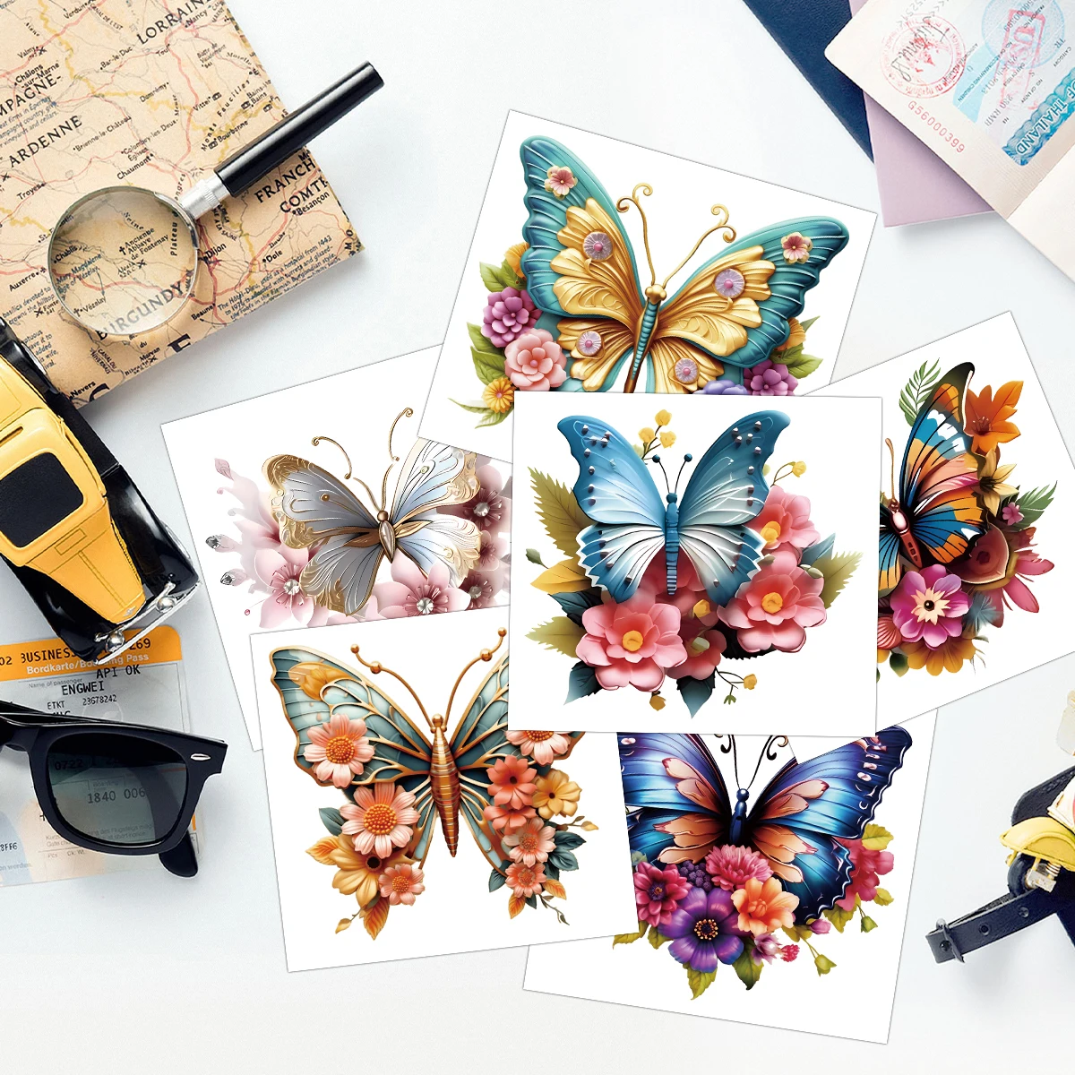 6pcs/pack 3D Butterflies and flowers UV DTF Transfer Stickers for Cup Mug Water Bottle, DIY Waterproof Stickers UV DTF Cup Wraps